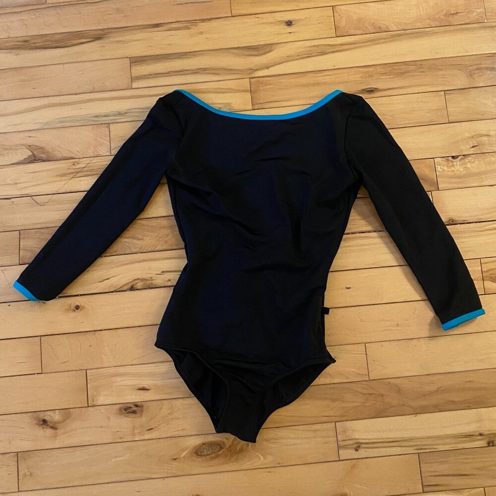 Black long sleeved Mariia Dancewear leotard with blue trim